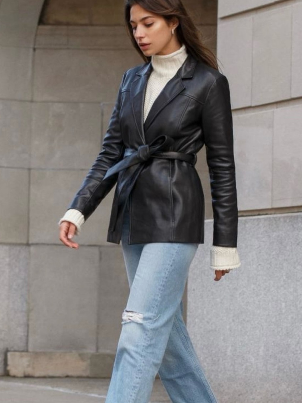 Reformation New Women’s Veda Black Leather Tie-Waist Blazer Jacket Sz. Large